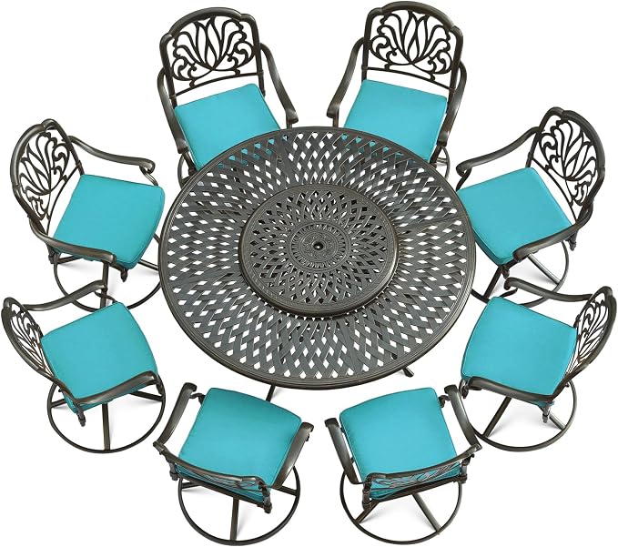 VIVIJASON 9-Piece Patio Dining Set, Rust-Free Cast Aluminum Outdoor Conversation Set, Includes 8 Swivel Dining Chairs & 61" Round Dining Table with 31" Lazy Susan, Ocean Blue
