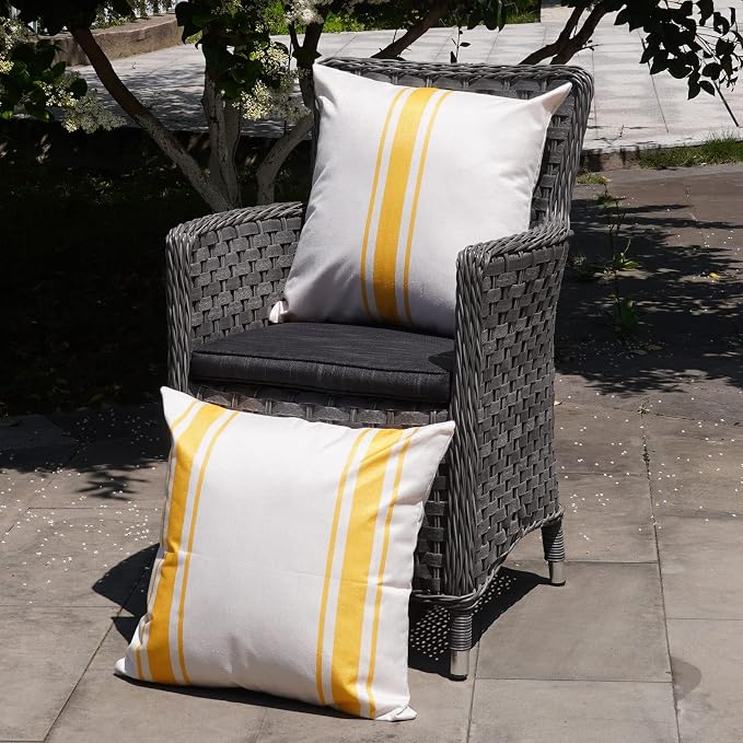 ONWAY Outdoor Pillow Covers Waterproof 20x20 Set of 2 Decorative Linen Throw Pillow Cover Beige and Yellow Striped Outdoor Pillows for Patio Furniture