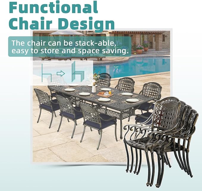 MEETWARM 9-Piece Outdoor Patio Dining Set for 8, All Weather Cast Aluminum Patio Funiture Table and Chairs Set- 94.5” Rectangular Table and 8 Cushioned Chairs for Garden, 2" Umbrella Hole, Navy Blue