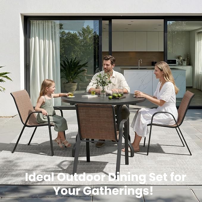 Soohow Outdoor Dining Set for 4, 5-piece Outdoor Patio Dining Set 4 x Stackable Patio Chairs & 1 x Round Table with Umbrella Hole, All-Weather Outside Table and Chairs for Backyard, Balcony, Porch