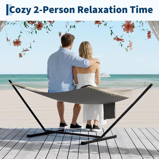 Double Quilted Hammock for 2 Adults – 350cm Large Outdoor Garden Swing Bed with Hardwood Spreader Bars, Detachable Pillow, 450lbs Capacity, Weather-Resistant, Ideal for Patio, Backyard