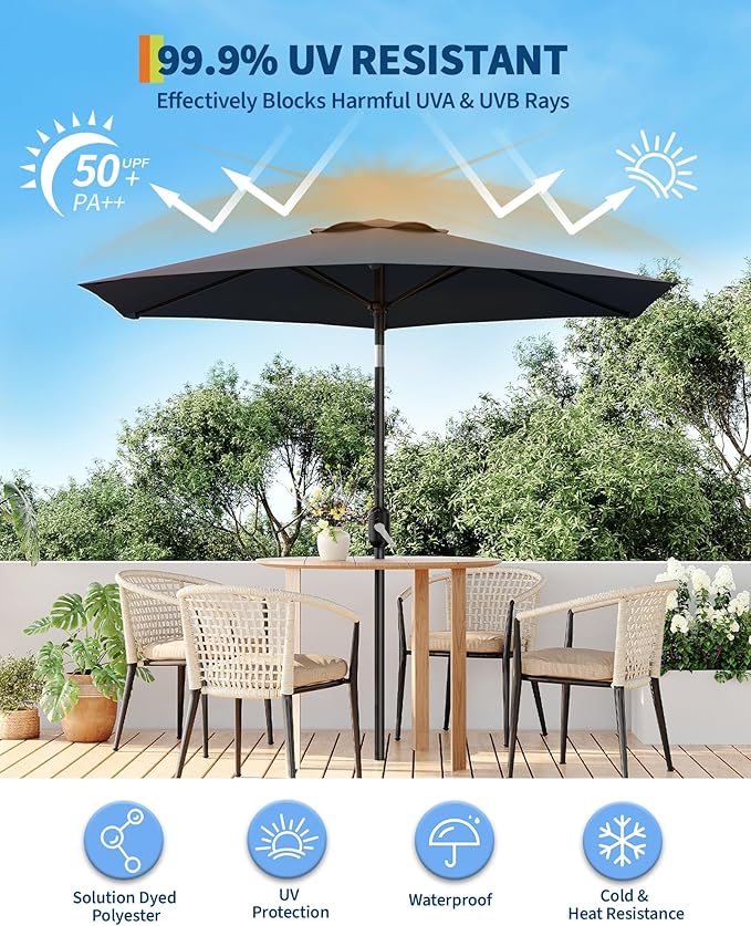 7.5-FT Outdoor Patio Umbrella with Push Button Tilt & Crank - Heavy-Duty Market Umbrella for Table, Garden, Pool, Deck, Backyard - 6 Sturdy Ribs,UV Protection & Waterproof Fabric,Dark Gray