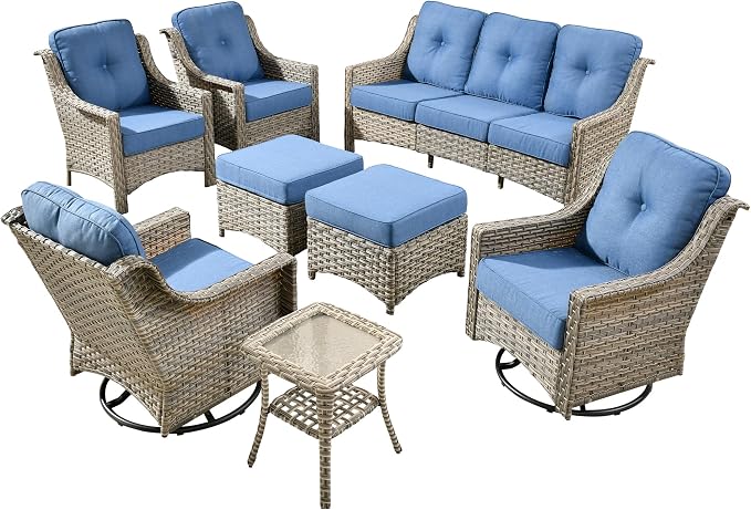 8 PCS Outdoor Patio Furniture Sets,Patio Conversation Sets Outside Rattan Soft Cushion Sofa with 2 Wicker Rocking Chairs Soft Cushion Fit Backyard Porch Garden Poolside Balcony,Diamond Blue