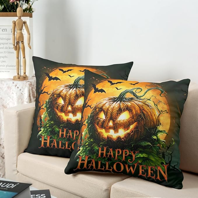 Spooky Pumpkin Pillow Covers Jack-O'-Lantern Outdoor Pillowcases Halloween Throw Pillow Covers 24x24 Set of 2 Moon Bat Cotton Blend Cushion Cases for Living Room Sofa Couch
