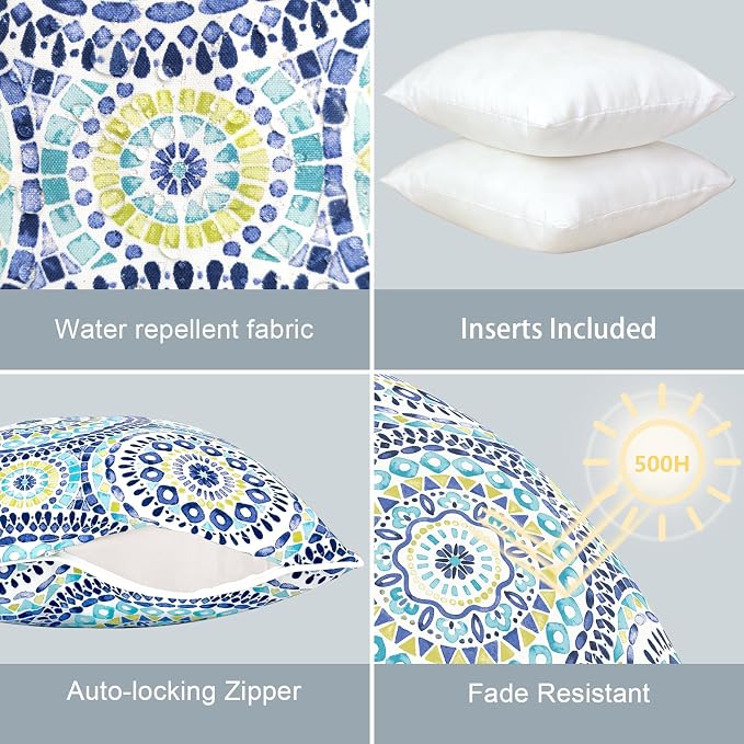 LVTXIII Outdoor Throw Pillows Set of 2, Patio Waterproof Pillows Fade Resistant Accent Pillows for Home and Garden Furniture Decoration, 18"x18", Delancey Baltic