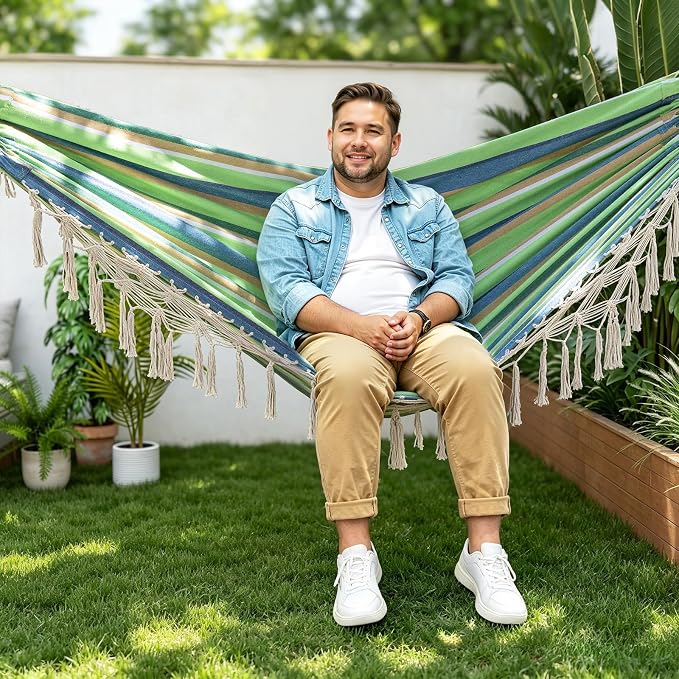 Portable Double Hammock, Hanging Hammock with Tassels 2 Person Patio Hammock for Backyard & Indoor Relaxation, Soft Breathable Fabric, Easy Setup with Straps & Carry Bag, 360 lbs Capacity