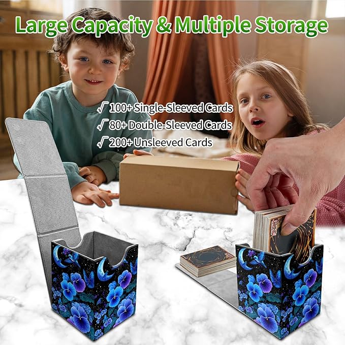 Deck Box for MTG, Cards Storage Box Fits 120+ Sleeved, Leather Medium Size Strong Magnetic Closing Card Case for Board Games Magic TCG CCG Baseball Collection, Blue Flower Bird