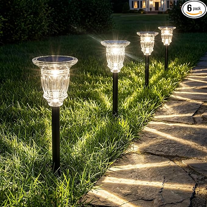 Solar Pathway Lights Outdoor 6 Pack, Warm White Solar Garden Lights, 17.5" IP65 Waterproof Glass Stainless Steel Tungsten Solar Powered Landscape Lights for Yard Walkway Driveway Patio Lawn Flower Bed