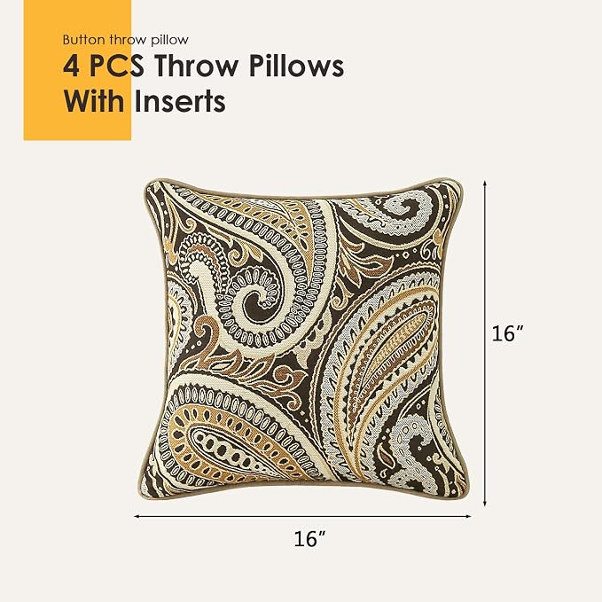 Outdoor Sunbrella Decorative Pillows Pack of 4, 16" x 16" Outdoor Pillow Set for Couch Bed Throw Patio Sofa, Royce Walnut