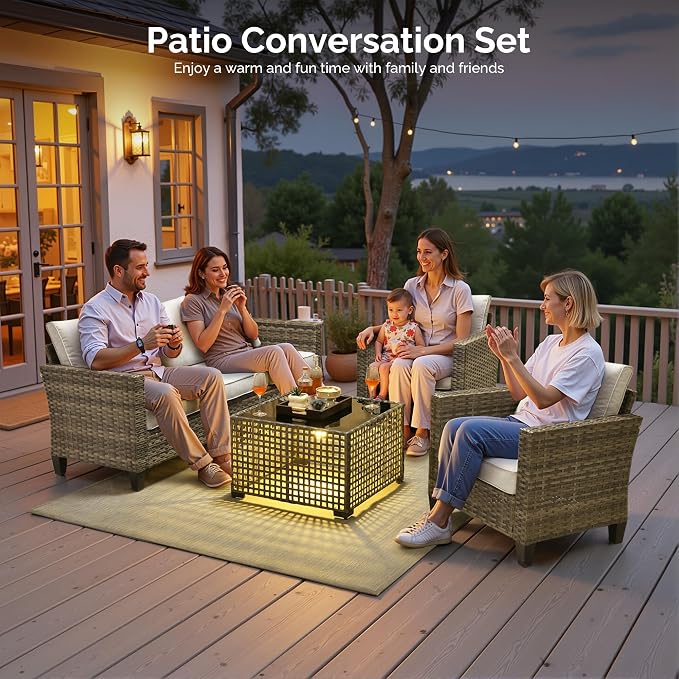 4 Piece Wicker Patio Furniture Set with Solar Table, Gray | Outdoor Deep Seating Sofa Chair, Solar Lights Table, All Weather Rattan, Modern Conversation Set, Porch Deck Backyard