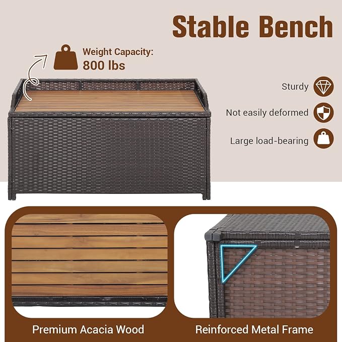 HAPPYGRILL Patio Storage Bench Rattan Wicker Deck Box with Acacia Wood Seat, Gas Strut, Zipper Liner, Handles, Outdoor Storage Container for Patio Furniture Cushions Pillows