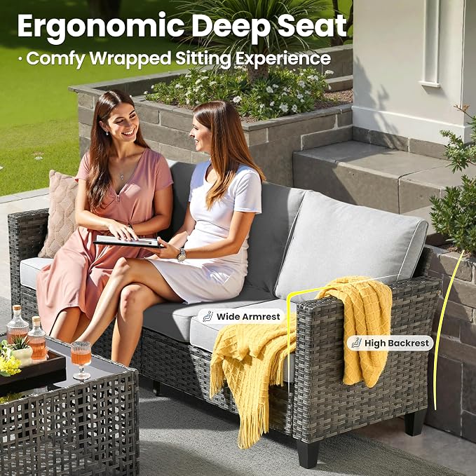 ovios 9 Pieces Patio Furniture Set with 54" Fire Pit Table, Outdoor Sofa Couch with Solar Lights Table Comfy Cushions, Modern Deep Seat Wicker Rattan Conversation Set, Grey