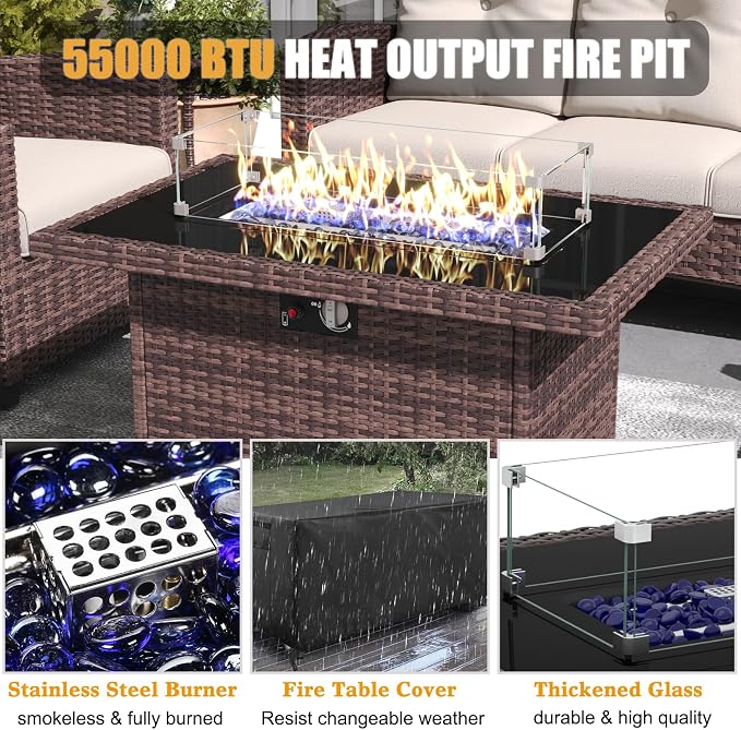 LayinSun 7 Pieces Patio Furniture Set with Swivel Chairs, Rattan Wicker Rocking Glide Chairs with 44" Propane Gas Fire Pit Table Conversation Set