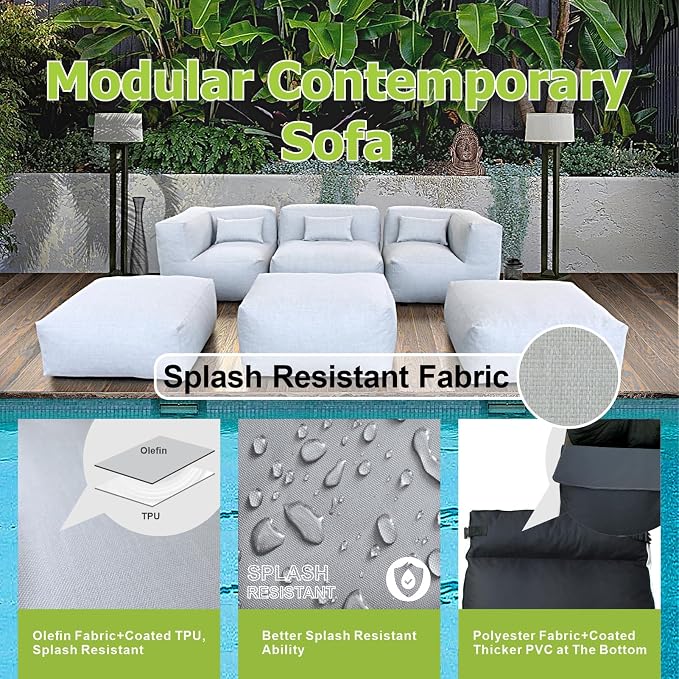 Patio Furniture Set Bean Bag Chairs PortoCervo 6PC Outdoor Chairs Sectional Conversation Patio Set Daybed Furniture Outdoor Sofa Couch High Density Foam Filling Modern Comfy Patio Couch (Light Gray)