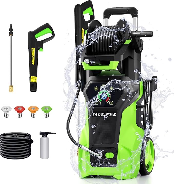 𝟓𝟎𝟎𝟎𝐏𝐒𝐈 𝐏𝐫𝐞𝐬𝐬𝐮𝐫𝐞 𝐖𝐚𝐬𝐡𝐞𝐫 Cleaner, Portable Car Washer with 4 Quick Connect Nozzles, Foam Cannon for Car Driveway Patio Fence (Green)
