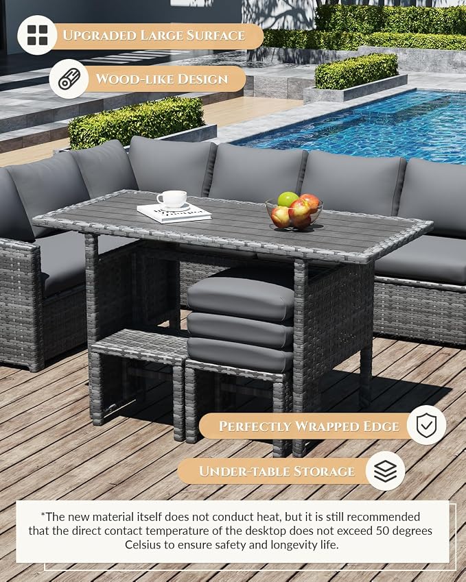 U-MAX 7 Pieces Patio Furniture Set, Outdoor Sectional Sofa Conversation Set, All Weather Wicker Rattan Dining Table & Chair with Ottoman, Grey Rattan&Grey Cushion