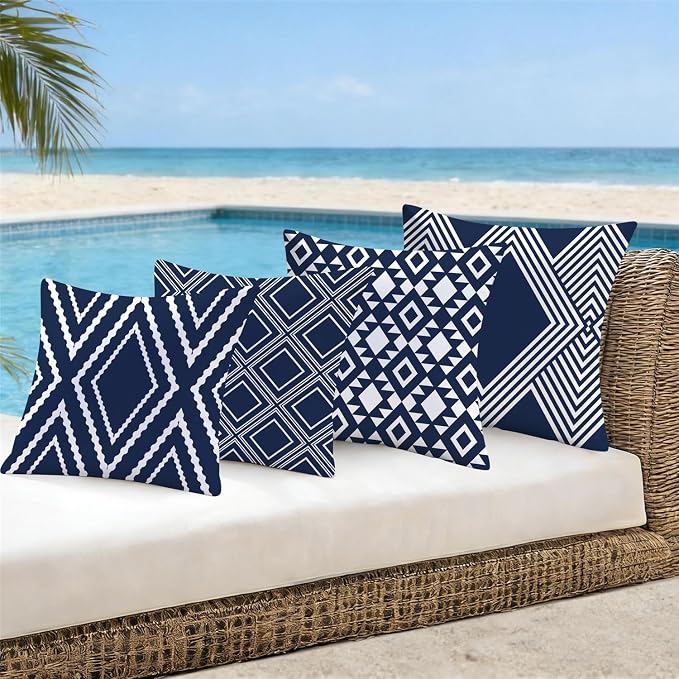 NIGHTWISH Outdoor Waterproof Pillow Covers 16x16 Set of 4 Navy Blue and White Modern Geometry Decorative Outdoor Throw Pillows Boho Cushion Cases for Patio Furniture Bench Couch Sunbrella
