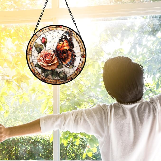 DASTOLL Stained Glass Window Hanging, Butterfly Picking Flowers Suncatcher for Doors Home Sun Catchers Decoration and Christmas, Mother's Day Birthday Gifts for Women, Men, and Mom 7.8 in