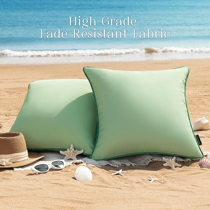 Phantoscope Pack of 2 Outdoor Waterproof Throw Pillow Covers with Contrast Piping, Decorative Square Cushion Case Patio Pillows for Couch Tent, Sage Green 20x20 inches