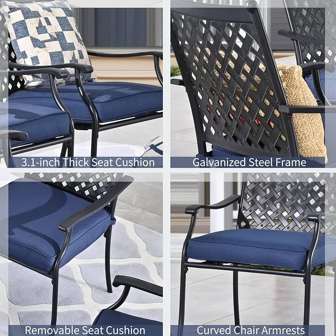 Patio Dining Set 5Pcs Outdoor Metal Furniture Dining Sets Wood Grain Suqare Table Chairs Set with Blue Cushion Galvanized Steel Frame