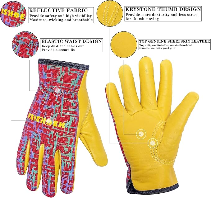Kids Gardening Work Gloves, Sheepskin Leather (Red, XS, Age 1-2) | Toddler 1-2Y, Reflective, Breathable Fabric Back, Flexible, Hand Protection, Kids Garden Gloves for Yard Work, Outdoor