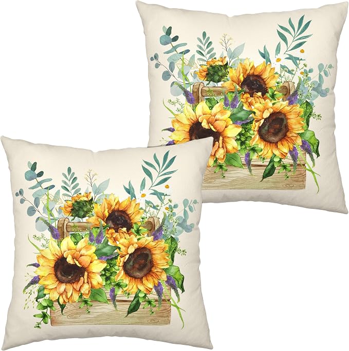 Sunflower Daisy with Purple Floral Throw Pillow Covers Spring Summer Flowers Pillow Case 22x22 Cotton Linen Square Farmhouse Cushion Case for Living Room Bed Patio 2 Pack