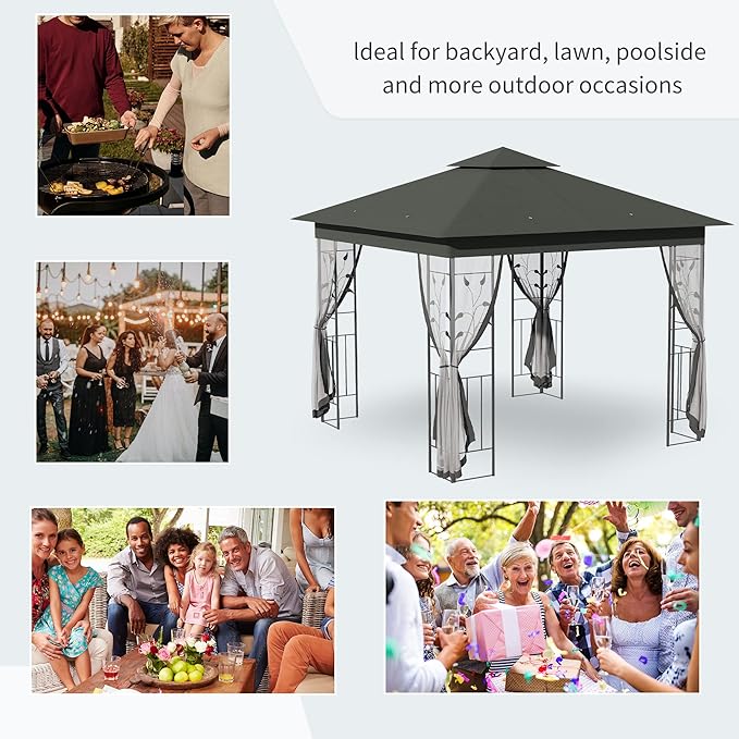 Outsunny 10' x 10' Metal Patio Gazebo, Double Roof Outdoor Gazebo Canopy Shelter with Tree Motifs Corner Frame and Netting, for Garden, Lawn, Backyard, and Deck, Gray