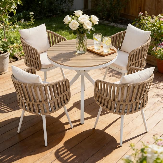 SUNSITT Patio Dining Chairs Set of 2, Outdoor Metal Dining Chairs with Woven Rope, All-Weather Patio Arm Chairs w/Cushions, Porch, Garden, White