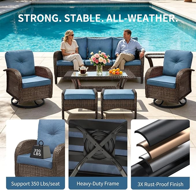 SHGJ&SOFT All Weather Patio Furniture Set, High Back Swivel Rocker Glider Chairs，Ottomans & Glass Tables, Outdoor Conversation Set for Deck Porch Yard Poolside (Blue, 5PCS-Sofa&Swivel Chairs&Tables)