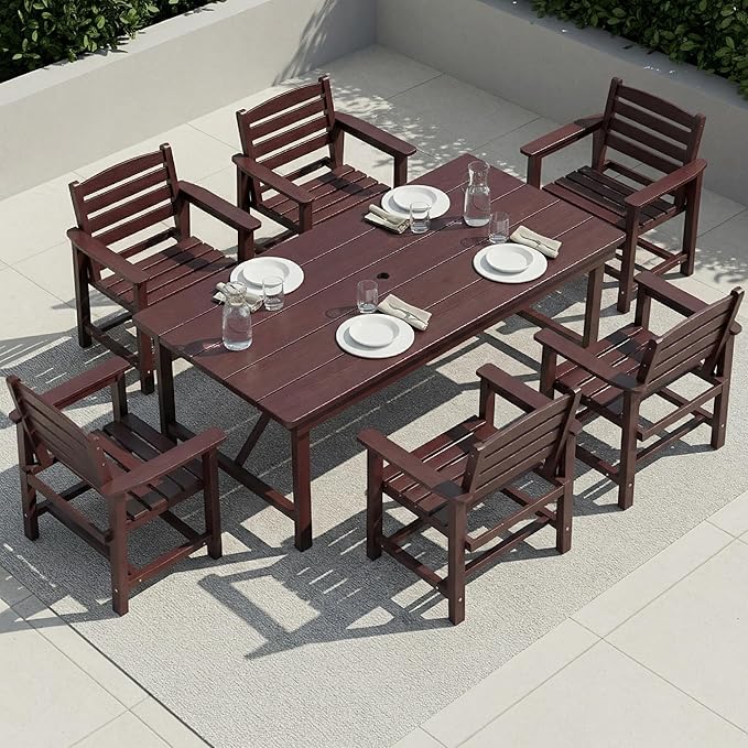 Outdoor HDPE Dining Set 7 Pieces, Patio Table with Umbrella Hole and 6 Chairs, All Weather Patio Furniture for Lawn, Garden, Backyard, Deck, Poolside, Outdoor Dining Table and Chairs, Coffee
