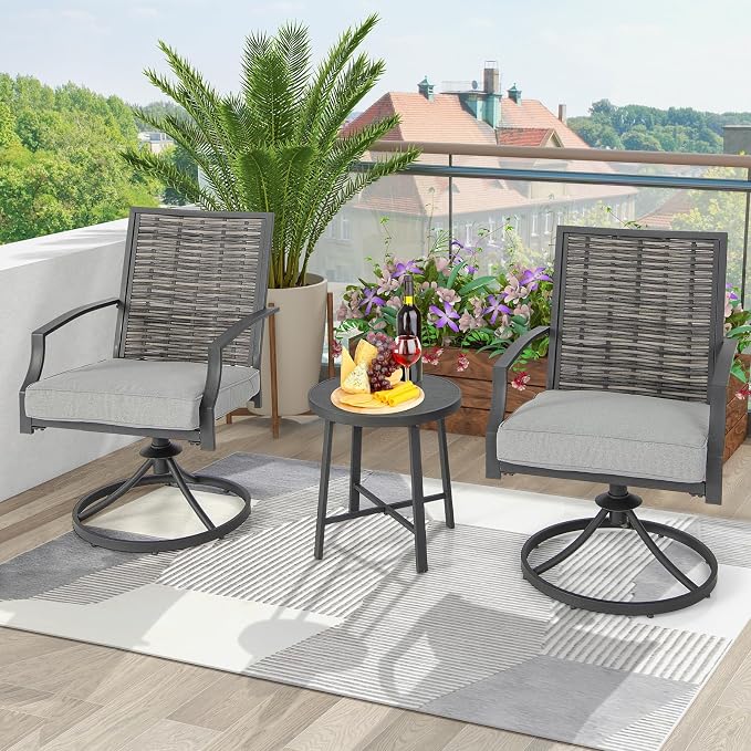 Tangkula 3 Piece Patio Swivel Chair Set, Wicker Swivel Chairs w/Coffee Table, Soft Seat Cushions, Heavy-Duty Metal Frame, 360° Swiveling Chair Set for Backyard, Balcony, Front Porch (Gray)