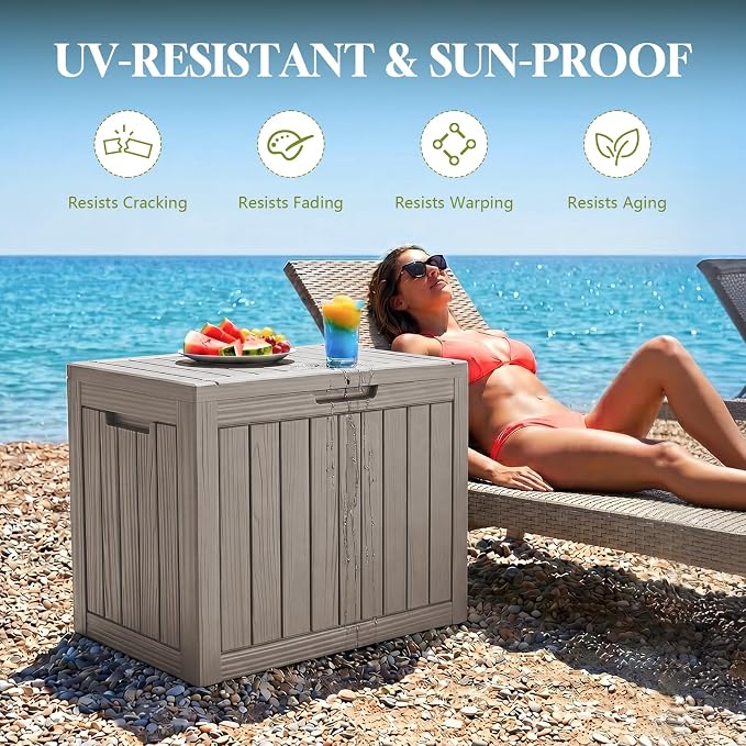 Waterproof Outdoor Storage Box Outside Deck Box Lockable Resin Bench UV Resistant Furniture Cushion Pool Tool Float Bin Patio Garden Porch (Grey, 50 Gallon)