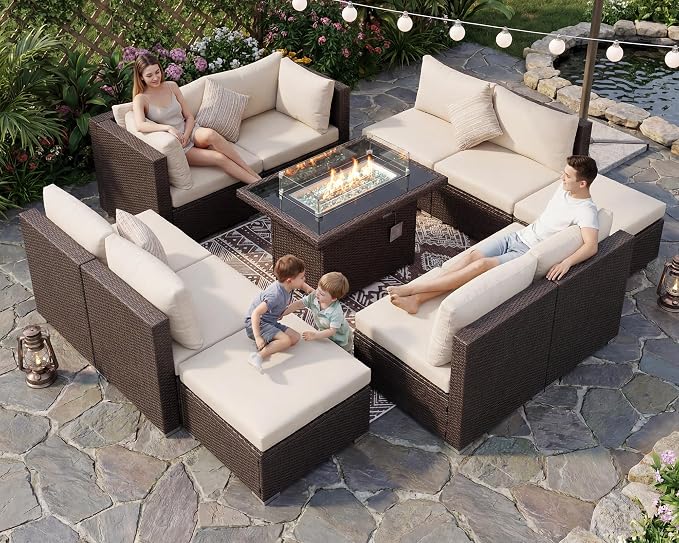 BULEXYARD 11 Piece High Back Outdoor Furniture Set with Firepit, Cozy Patio Conversation Set with Ottoman Modular, Extra Wide Deep 10-Seats Sectional Couch Sofa for Yard, Brown Rattan & Beige Cushion