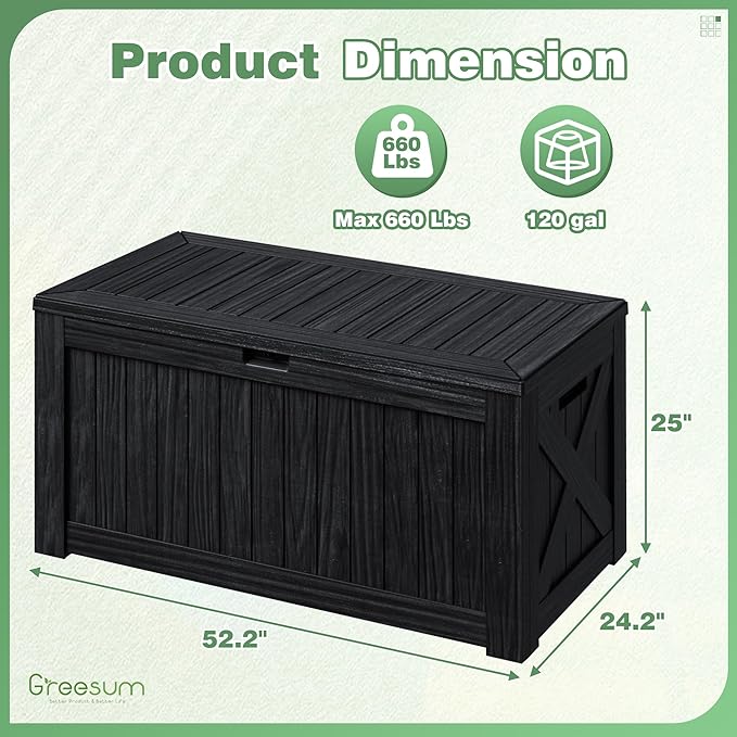 Greesum Outdoor Storage Box 120 Gallon Storage Bin with Lid for Patio Furniture, Garden Tools, Pool Supplies, Lockable, Waterproof and UV Resistant, Black