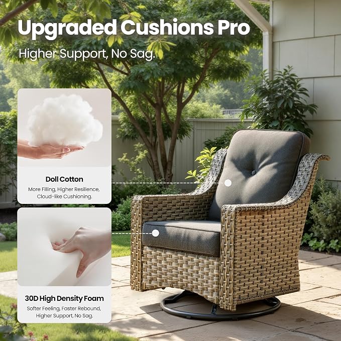 3 Piece Patio Furniture Set, Outdoor High Back Swivel Rocker Chairs Set of 2 with Side Table, All Weather Wicker Glider Chair with Thick Cushions for Backyard Balcony Porch, Black
