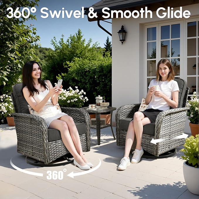 Wicker Rocking Chair Swivel Chairs - 3 Piece Rocker Glider Patio Chairs Set Rattan Rocking Chair for Outdoor Porch Deck Garden Backyard,Black