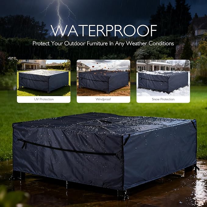 Patio Furniture Covers Waterproof - 420D Outdoor Table and Chair Set Cover with Built-in Storage Bag - Rectangular Patio Table Cover for 8-Seat Dining Set or Sectional Sofa - DarkGrey