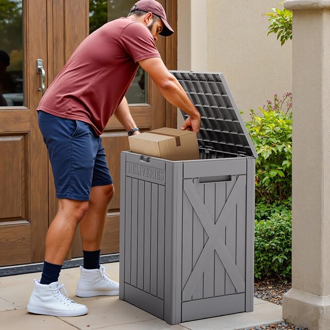 Devoko 48 Gallon Package Delivery Box Outdoor Secure Lockable, Waterproof Deck Box PP Material Storage Container for Porch, Deck (Gray, 48 Gallon)