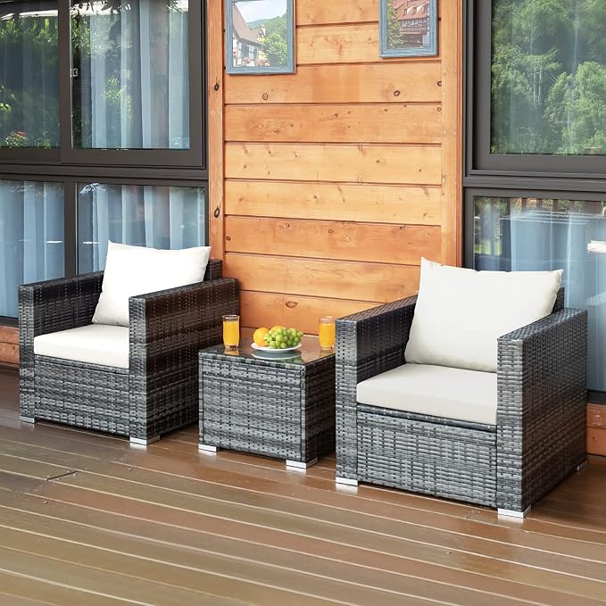 COSTWAY 3-Piece Patio Furniture Set, Outdoor Wicker Rattan Sofa with Cushions and Coffee Table, Conversation Chair Set for Poolside Backyard Balcony Lawn (White)