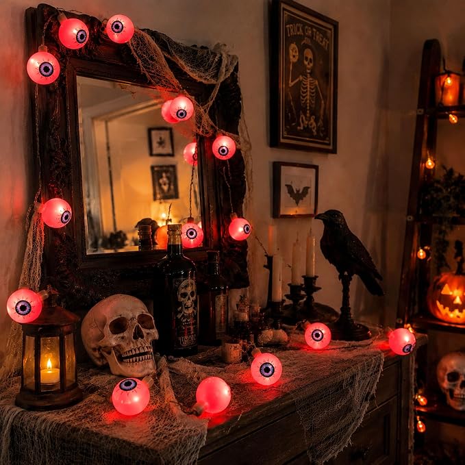 Crazy Night Halloween String Lights 10Ft 20 LEDs Battery Operated Red Eyeball Lights with Steady Flashing Modes Halloween Party Decor