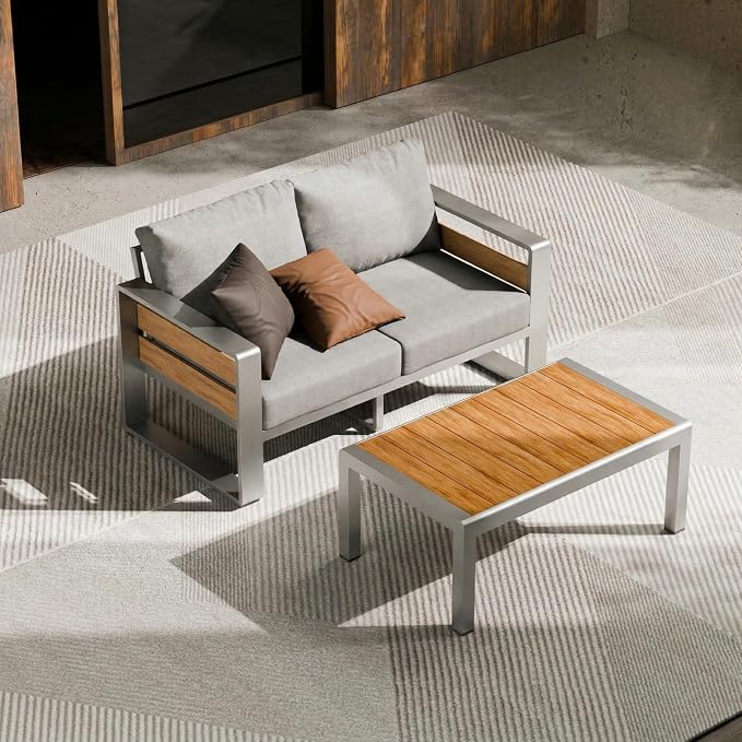 ZANDOR Aluminum Outdoor Patio Furniture-Loveseat with Table,Sliver | Rustproof,High weight capacity,Water-repellent,Washable Cover,All-Weather Resistant,Easy clean,for Poolside Backyard Deck