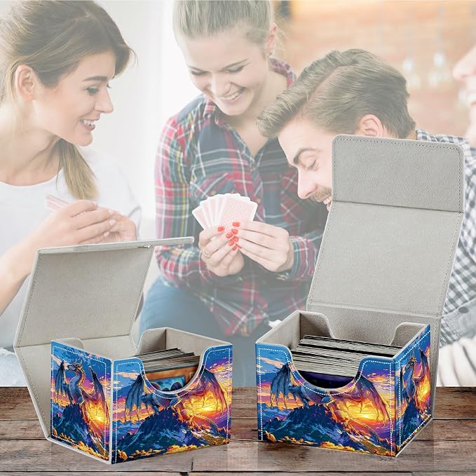Card Deck Box for MTG, Cards Storage Box Fits 120+ Sleeved, Leather Small Size Strong Magnetic Closing Card Case for Board Games Magic TCG CCG Baseball Collection, Mountain Sunset Dragon