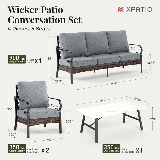 MIXPATIO Patio Furniture Set with Coffee Table, Outdoor Conversation Set with 2 x Fixed Chairs, 1 x 3-Seat Sofa for Lawn Garden Backyard, Grey