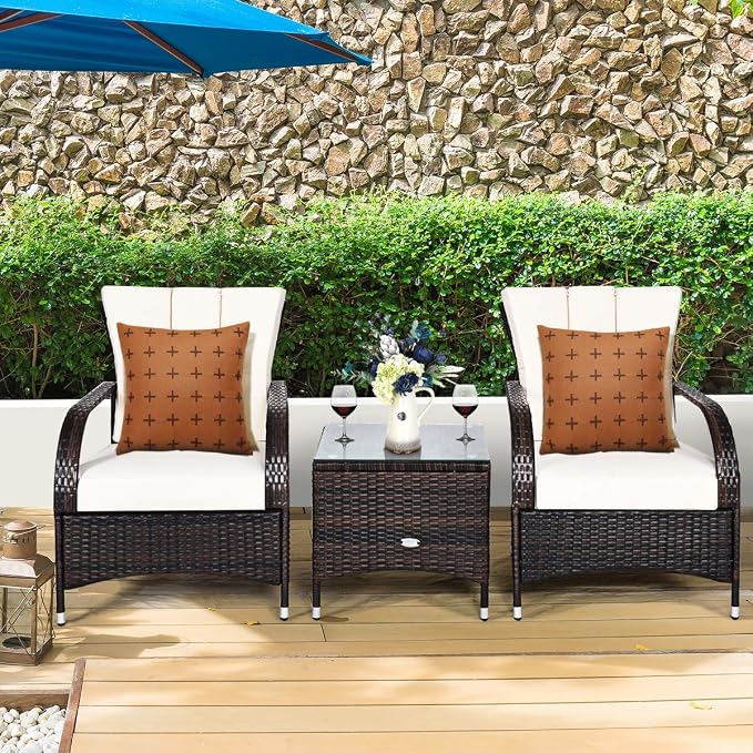 Tangkula 3-Piece Patio Conversation Set, Ourdoor Wicker Furniture Set, Rattan Coffee Table & Chairs Set with Cushions, Outdoor Conversation Set for Garden Balcony Backyard (Cream)