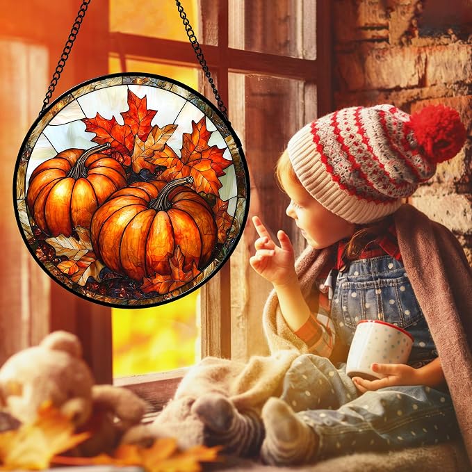 DASTOLL Stained Glass Window Hanging, Pumpkin Maple Leaf Suncatcher for Doors Home Sun Catchers Decoration and Christmas, Mother's Day Birthday Gifts for Women, Men, and Mom 9.8 in