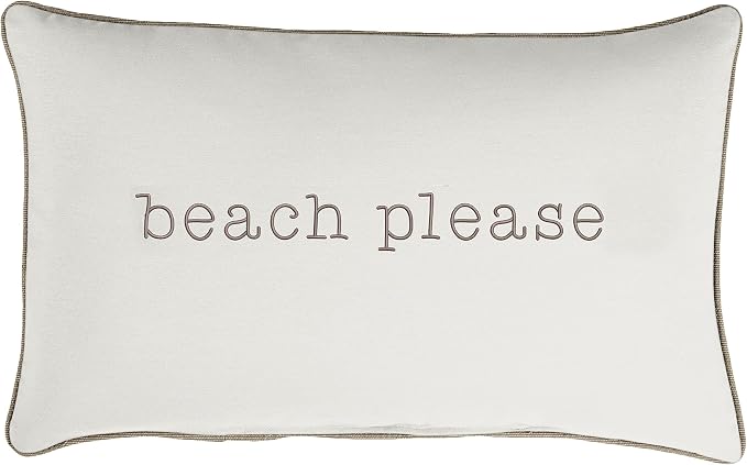 Sorra Home Trupedic Indoor/Outdoor Natural and Black Lumbar Embroidered Pillow Beach Please
