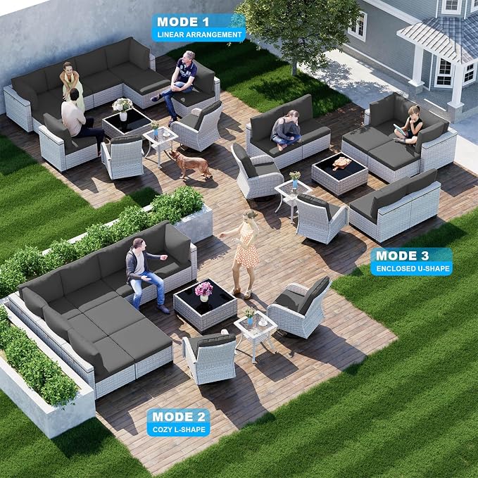 12-Piece Patio Furniture Set, Outdoor Patio Furniture with Swivel Chairs Set, Ottomans, Modular Patio Sofa, Dual-Strand Wicker Rattan, Rust-Resistant Frame, Black