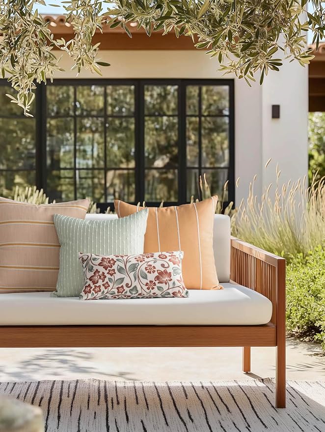 Modern Farmhouse Fall Linen Indoor Outdoor Throw Pillow Cover Only, 22"x22" Water Repellent for Patio, Backyard, Couch, Mustard Yellow Neutral Embroidered Stripes