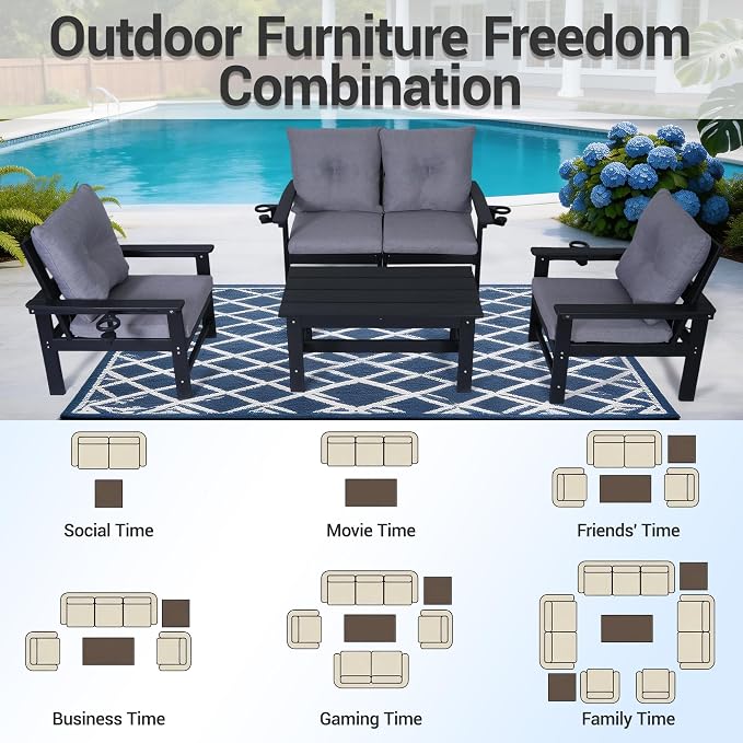 5-Piece HDPE Patio Conversation Set w/ 4 Cup Holders, All-Weather Outdoor Sectional Furniture, Thick Washable Cushions, Coffee Table & Side Table for Backyard Porch Poolside, Black
