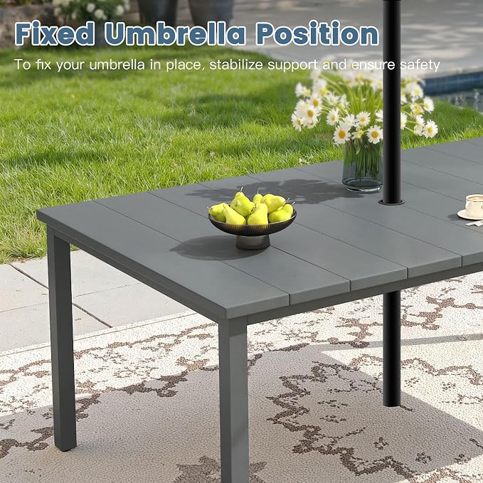 DIFY 7 Pieces Outdoor Dining Set, Metal Patio Table and Chairs Set for 6, 63" Rectangle Dining Table with Umbrella Hole & Wicker Stackable Patio Chairs with Cushions, Grey Tabletop